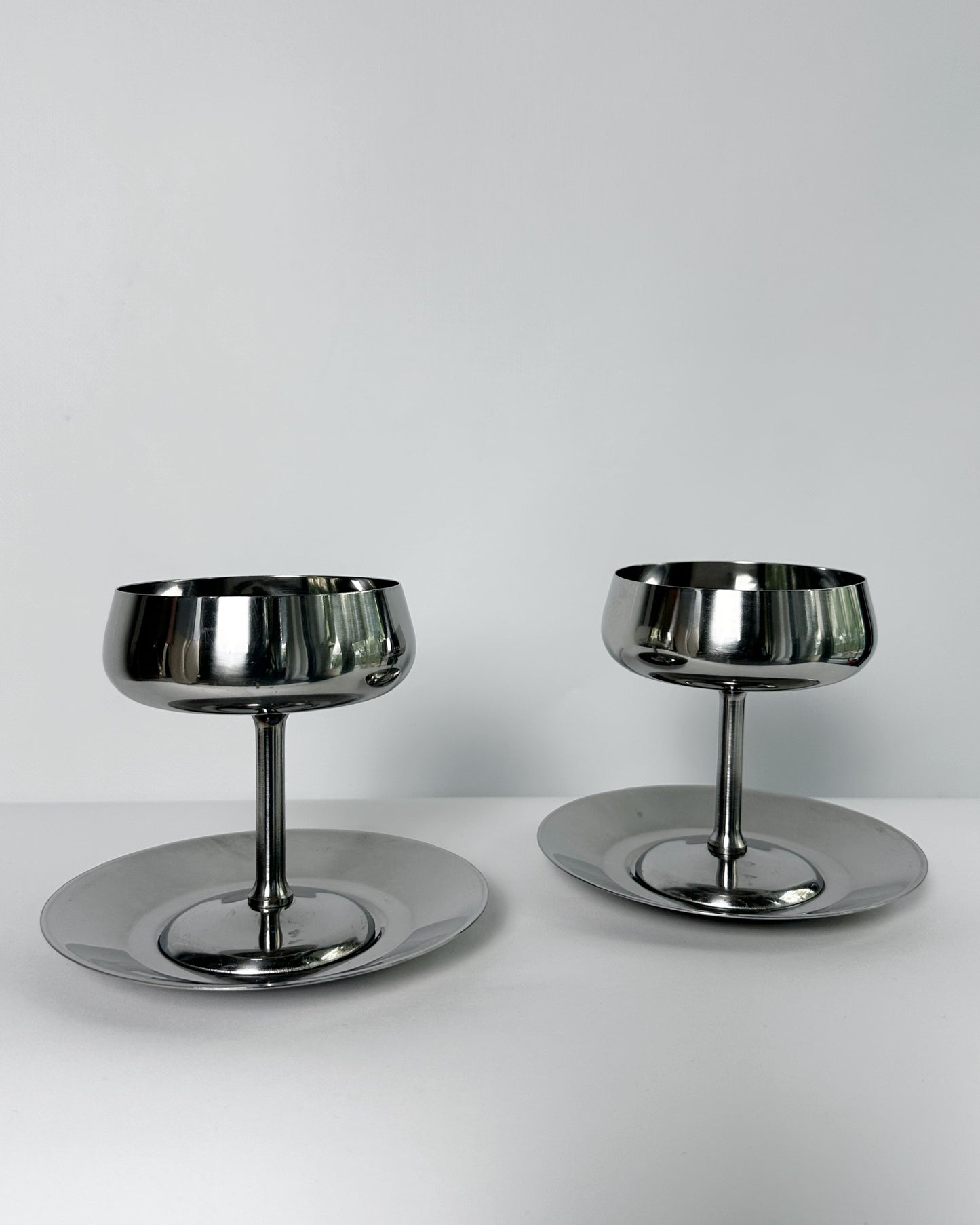 Vintage 1970s Rostfrei Stainless Steel Champagne Coupes with Matching Saucers – Set of 2, 4