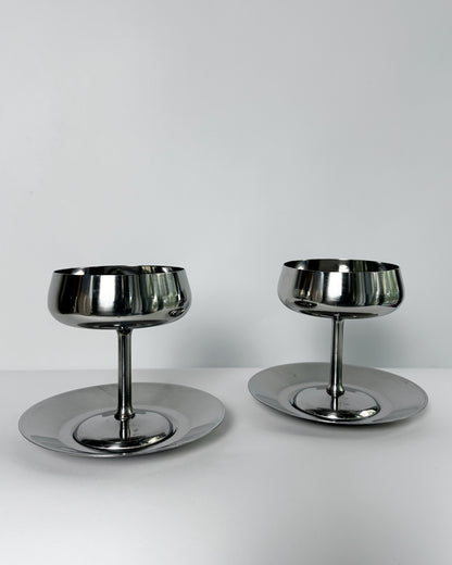 Vintage 1970s Rostfrei Stainless Steel Champagne Coupes with Matching Saucers – Set of 2, 4