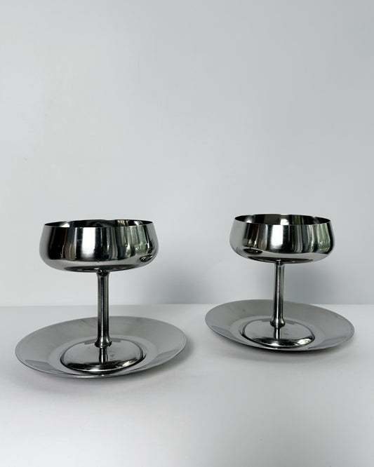 Vintage 1970s Rostfrei Stainless Steel Champagne Coupes with Matching Saucers – Set of 2 (3 Sets Available)