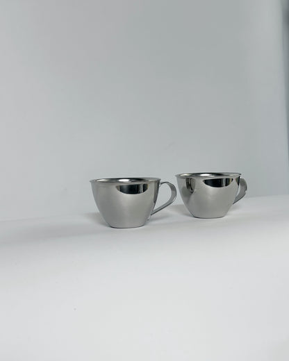 Vintage 1970s Italian Stainless Steel Espresso Cups & Saucers (Nanni P&B) – Set of 2 (3 Sets Available)