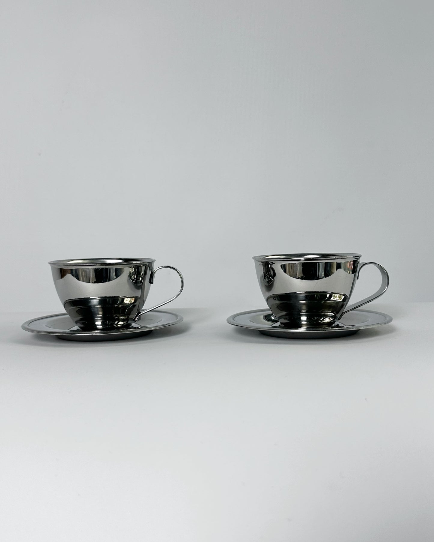 Vintage 1970s Italian Stainless Steel Espresso Cups & Saucers (Nanni P&B) – Set of 2 (3 Sets Available)