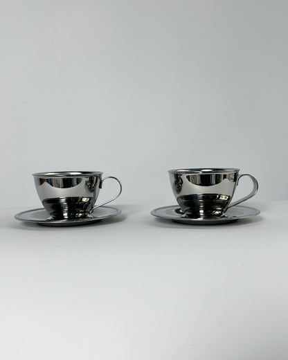 Vintage 1970s Italian Stainless Steel Espresso Cups & Saucers (Nanni P&B) – Set of 2 (3 Sets Available)
