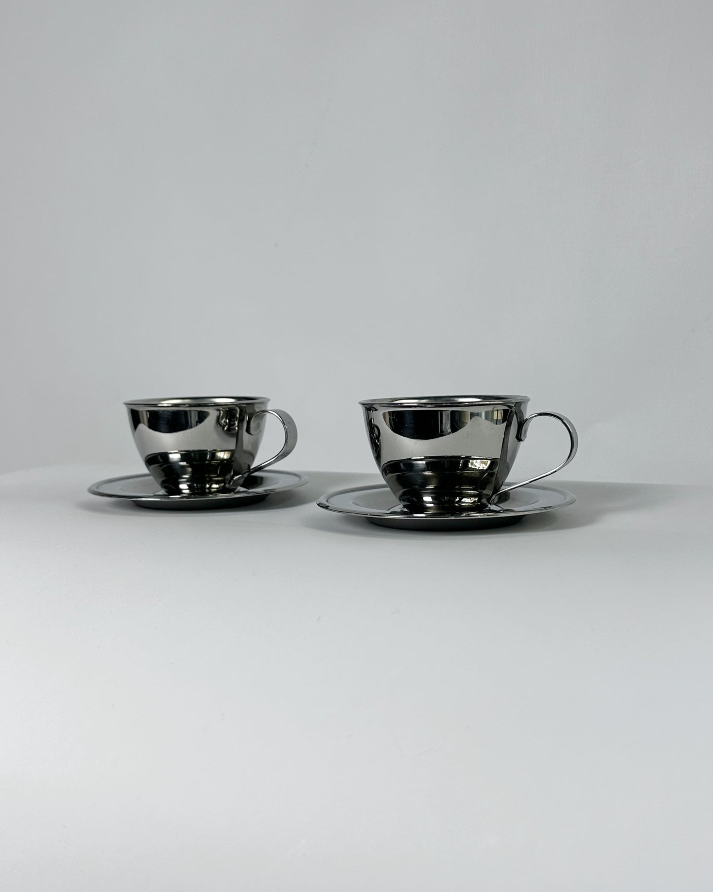 Vintage 1970s Italian Stainless Steel Espresso Cups & Saucers (Nanni P&B) – Set of 2 (3 Sets Available)