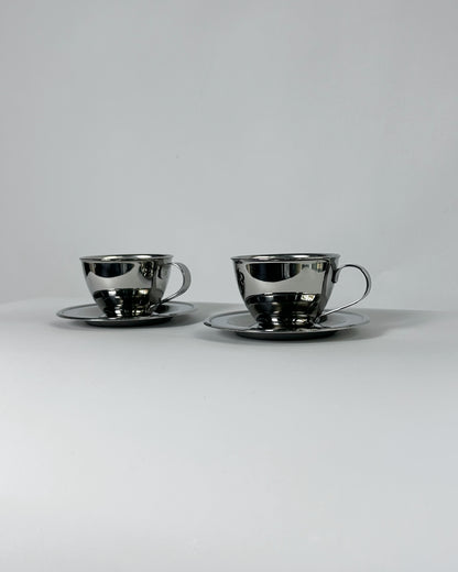 Vintage 1970s Italian Stainless Steel Espresso Cups & Saucers (Nanni P&B) – Set of 2 (3 Sets Available)