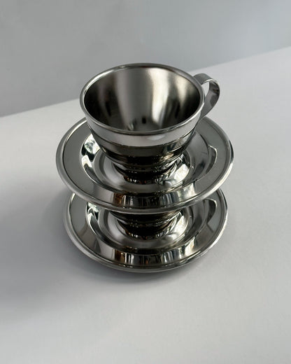 Vintage 1970s Italian Stainless Steel Espresso Cups & Saucers (Nanni P&B) – Set of 2 (3 Sets Available)