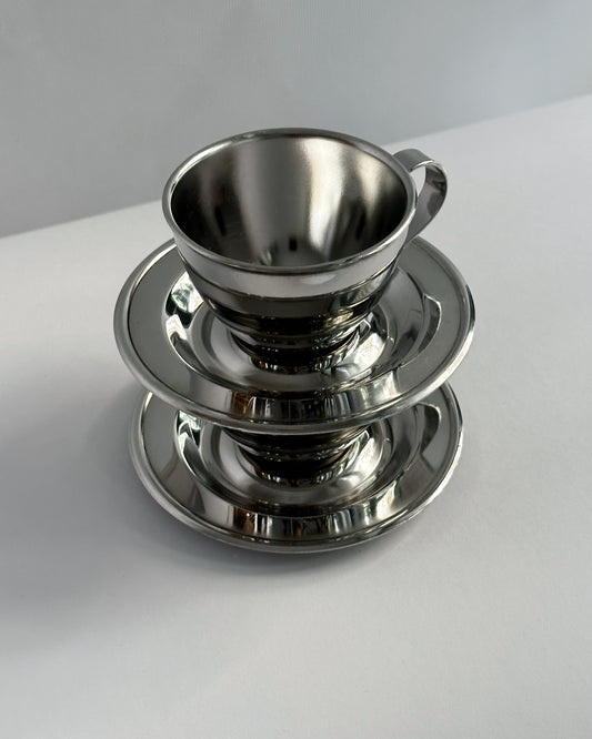 Vintage 1970s Italian Stainless Steel Espresso Cups & Saucers (Nanni P&B) – Set of 2 (3 Sets Available)