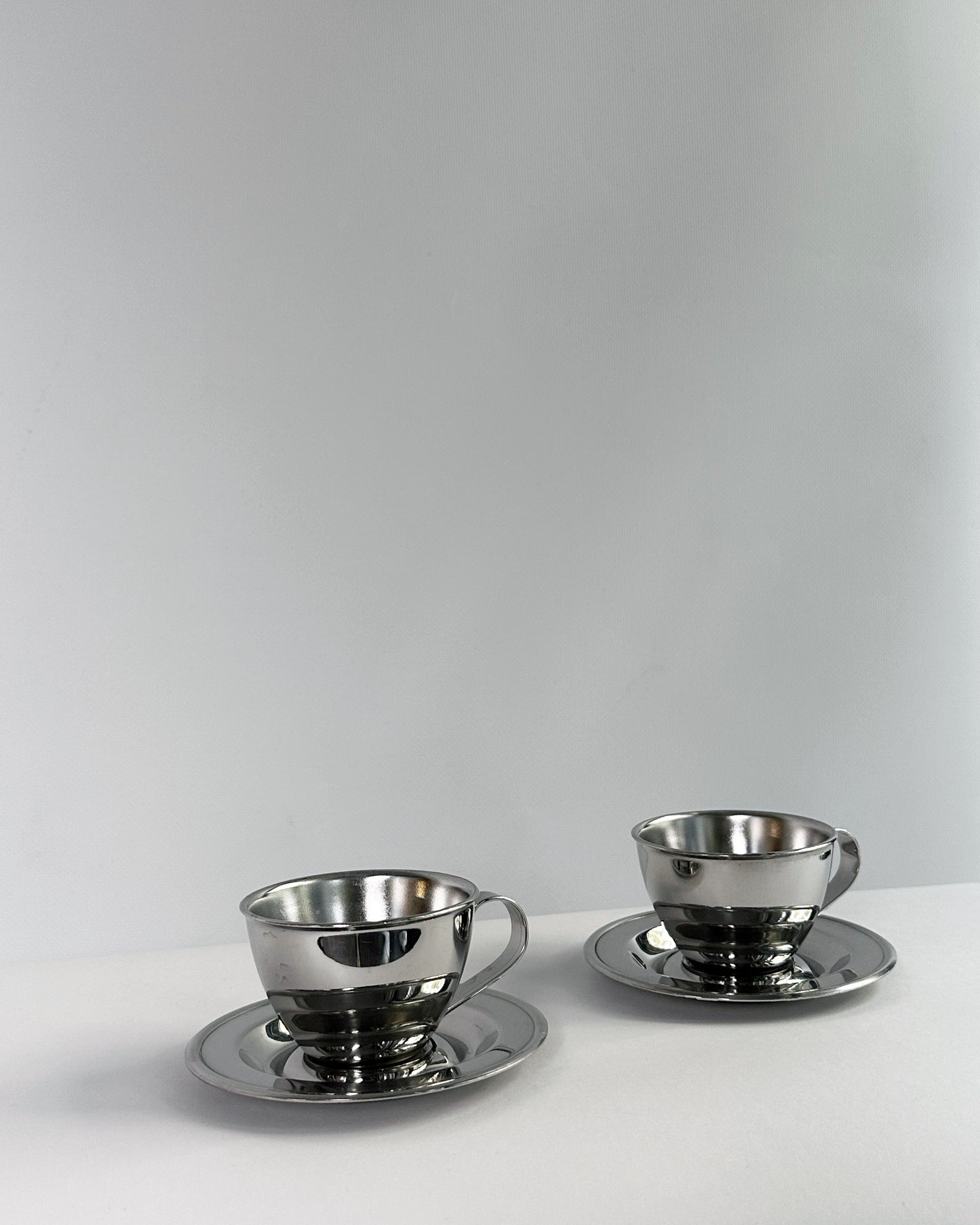Vintage 1970s Italian Stainless Steel Espresso Cups & Saucers (Nanni P&B) – Set of 2 (3 Sets Available)
