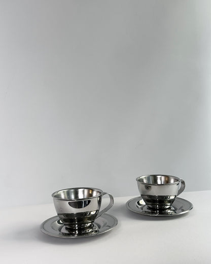 Vintage 1970s Italian Stainless Steel Espresso Cups & Saucers (Nanni P&B) – Set of 2 (3 Sets Available)