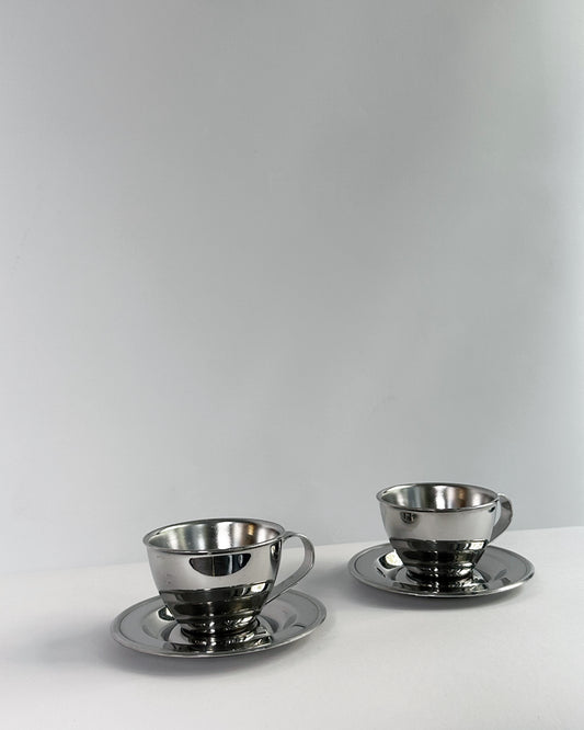 Vintage 1970s Italian Stainless Steel Espresso Cups & Saucers (Nanni P&B) – Set of 2 (3 Sets Available)
