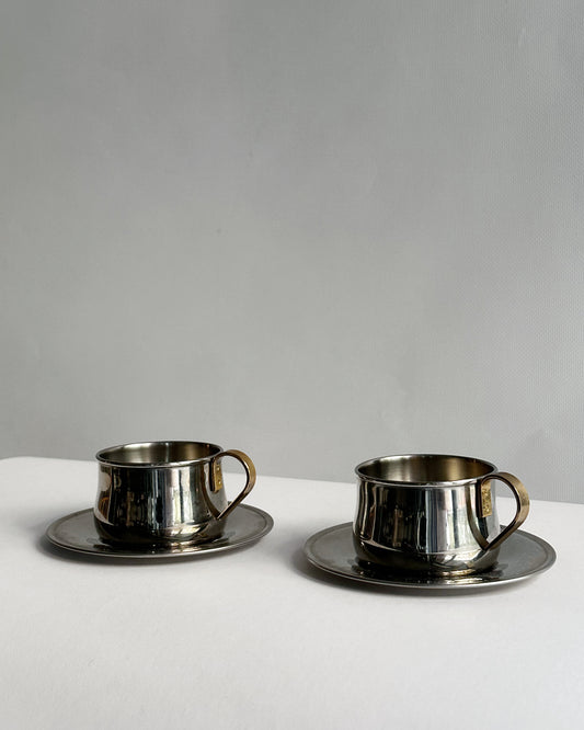 Vintage 1970s Stainless Steel Italian Espresso Cups & Saucers – Set of 2 (3 Sets Available)