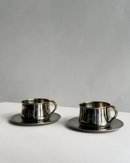 Vintage 1970s Stainless Steel Italian Espresso Cups & Saucers – Set of