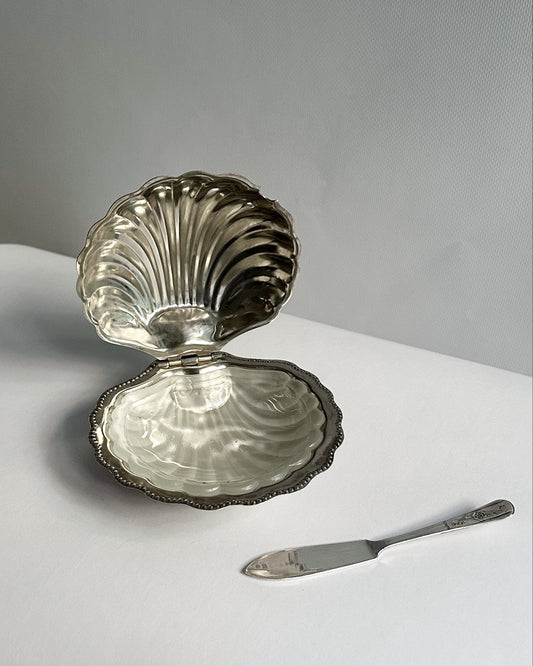 Vintage 1960s Silver-Plated Shell Butter Dish Set
