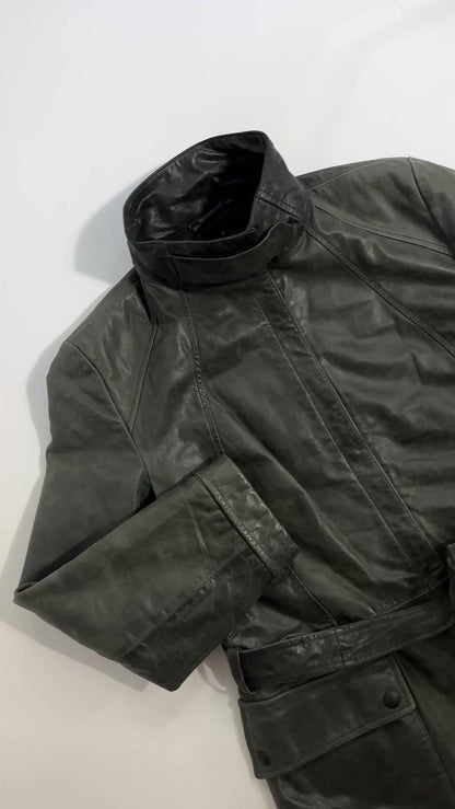 2000s Trussardi Grey-Green Distressed Leather Jacket – Limited Edition