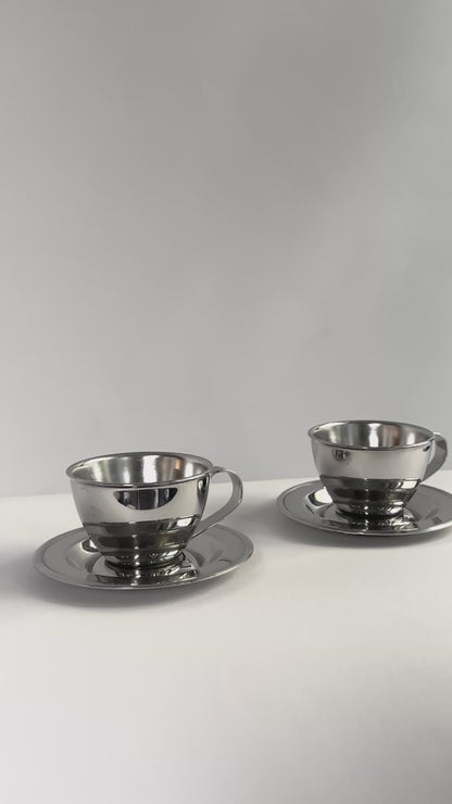 Vintage 1970s Italian Stainless Steel Espresso Cups & Saucers (Nanni P&B) – Set of 2, 4, 6