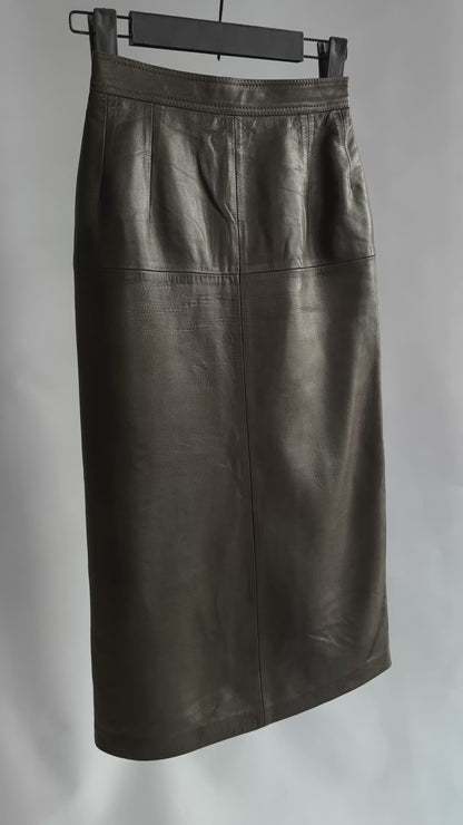 Vintage 1980s Loewe Olive Green Leather Midi Skirt