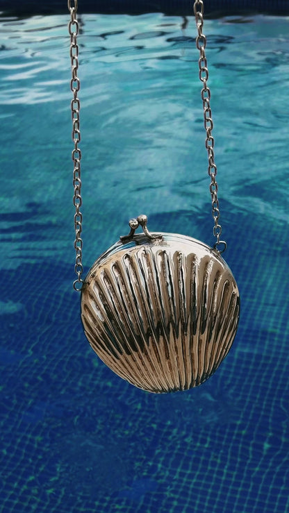 Silver Tone Metal Sculptural Shell Bag