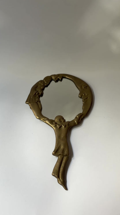 Vintage Mid Century Brass Pierrot Clown & Moon Hand Mirror