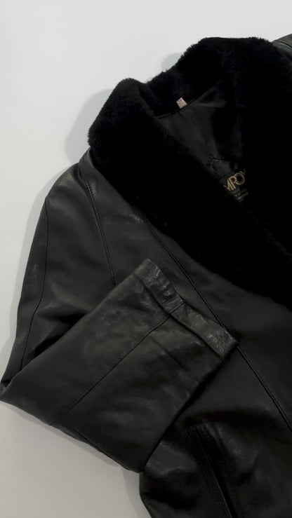 80s Black Leather Coat with Faux Fur Shawl Collar