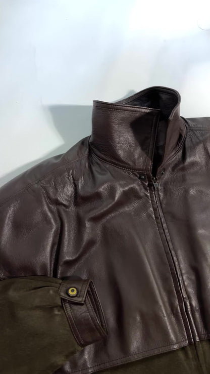 80s Brown Green Sheepskin Suede Leather Jacket