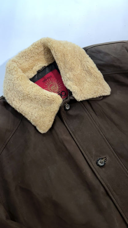 80s Brown Leather Jacket w/ Faux Shearling Collar