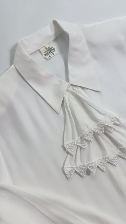 80s White Viscose Tie-Neck Blouse