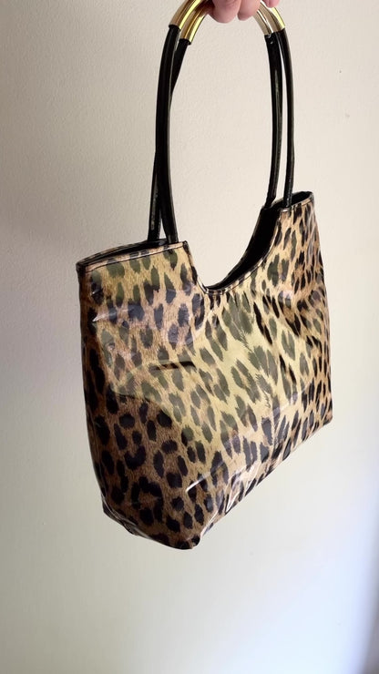 Vintage 1980s Leopard Print Vinyl Handbag & Matching Clutch Set - Made in Italy