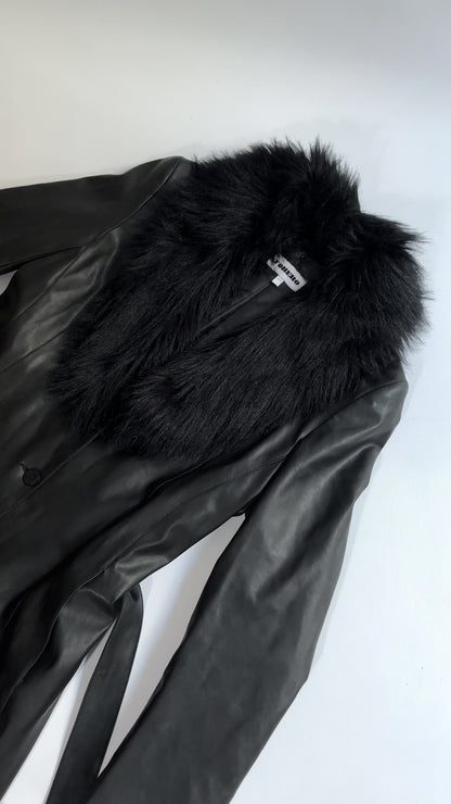 2000s Black Faux Leather Coat with Detachable Faux Fur Collar