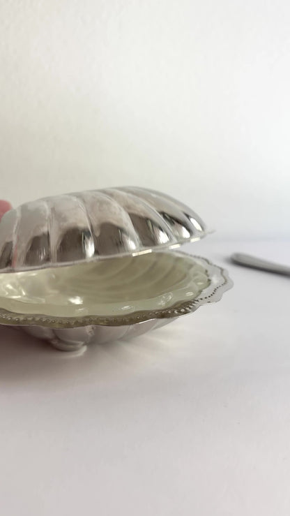 Vintage 1960s Silver Shell Butter Dish with Milk Glass Insert