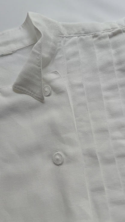80s White Cotton Linen Pleated Blouse