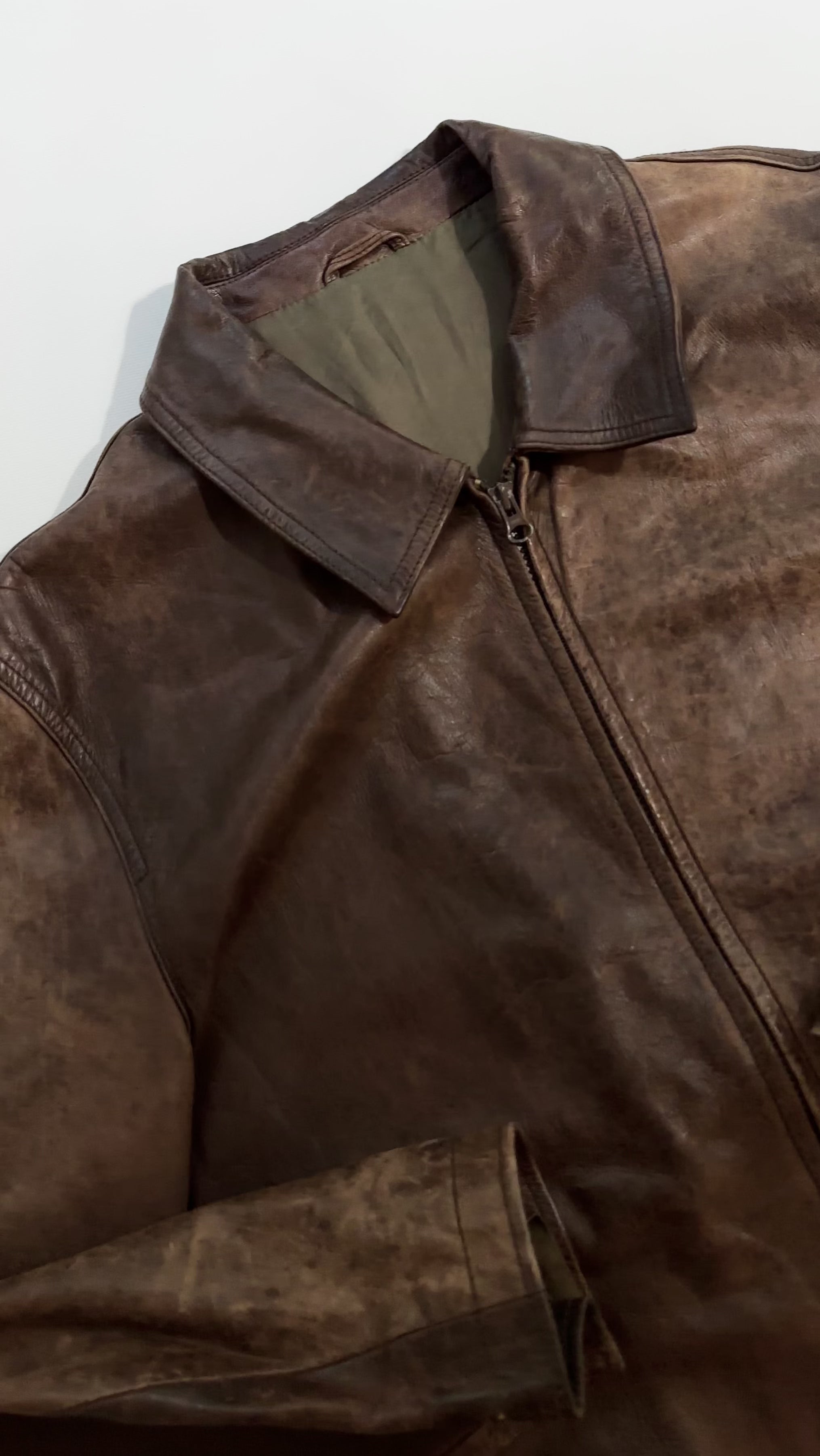 Y2K Distressed Brown Leather Zip-Up Jacket – Alba Vintage Studio