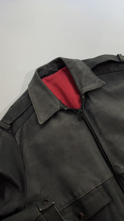80s Dark Grey Leather Bomber Jacket