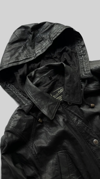 1990s Italian Black Leather Hooded Jacket