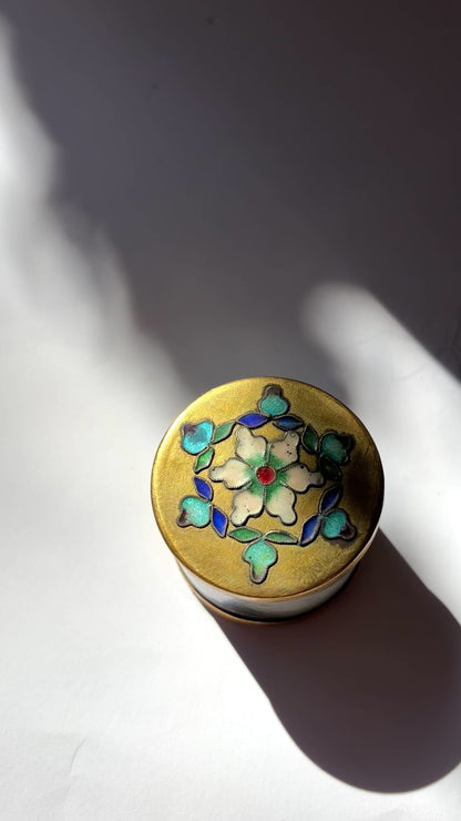 Vintage 1970s Green Stone Trinket Box with Cloisonné Enamel Floral Lid