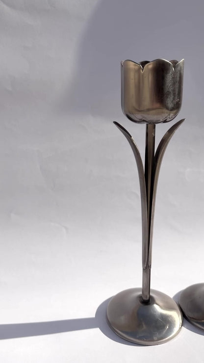 Vintage 1970s Silver-Tone Tulip Candle Holders – Set of 2