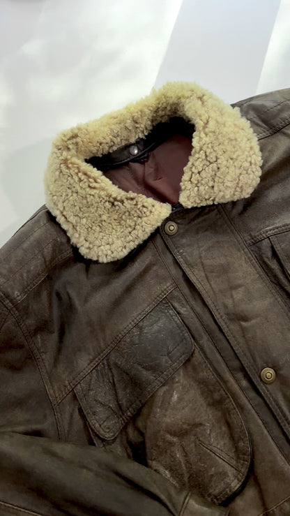 80s Brown Cowhide Leather Field Jacket – Detachable Shearling Collar