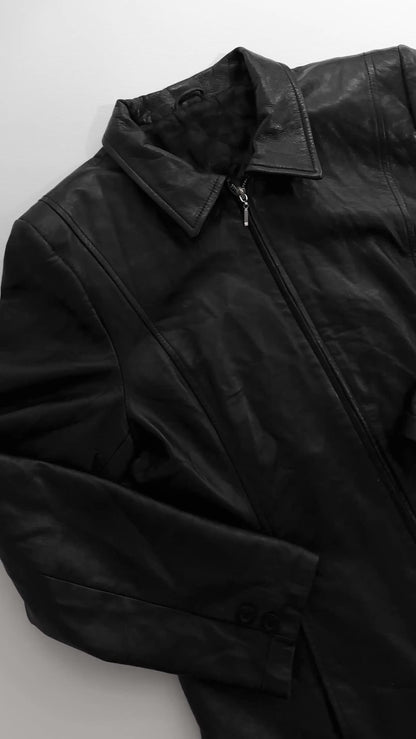 90s Black Sheepskin Zip-Up Leather Jacket