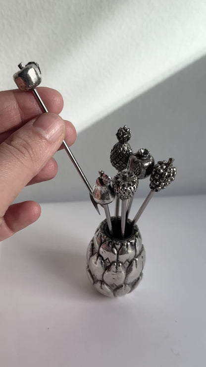 Vintage 1960s Silver Plated Cocktail Picks Set with Holder