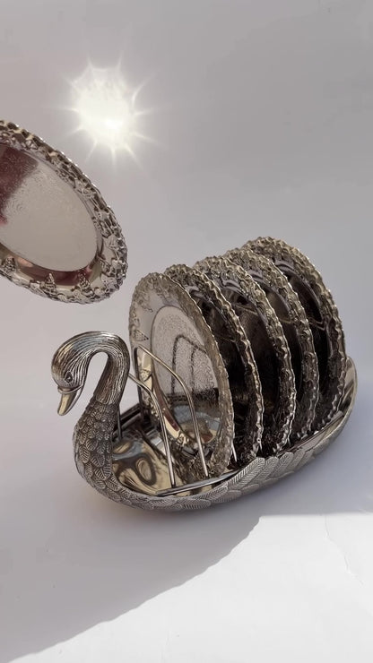 Vintage Silver-Plated Swan Holder with Six Ornate Coasters