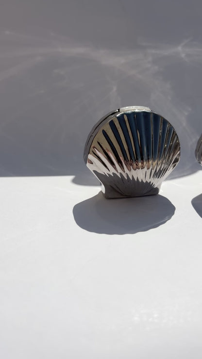 Vintage Mid-Century Silver Tone Seashell Salt & Pepper Shakers with Caddy