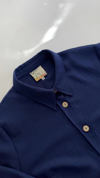 80s Royal Blue Button-Up Shirt with Back Tie