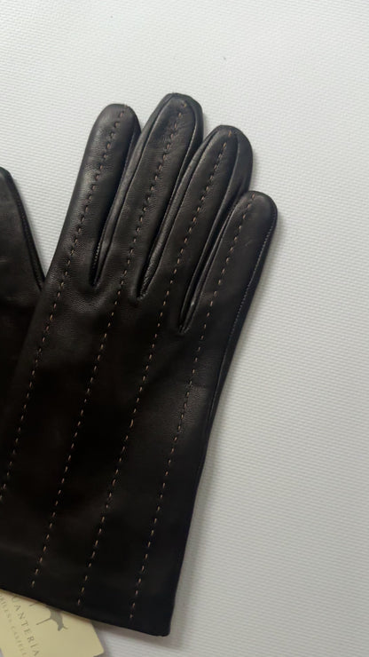 90s Black Beige Leather Gloves - Size 7 1/2, NOS