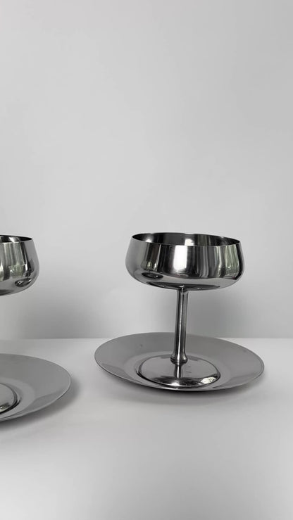 Vintage 1970s Rostfrei Stainless Steel Champagne Coupes with Matching Saucers – Set of 2, 4