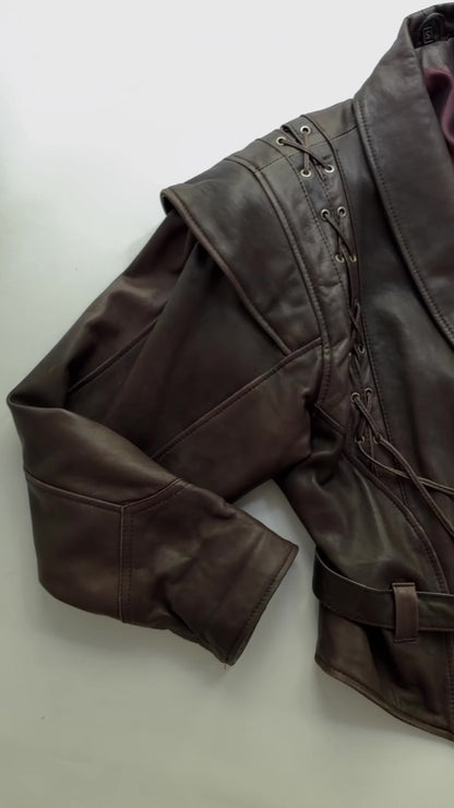 Vintage 1980s Brown Lace-Up Belted Leather Jacket