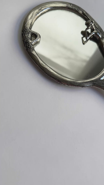 Vintage Mid Century Art Nouveau Style Silver Plated Hand Mirror