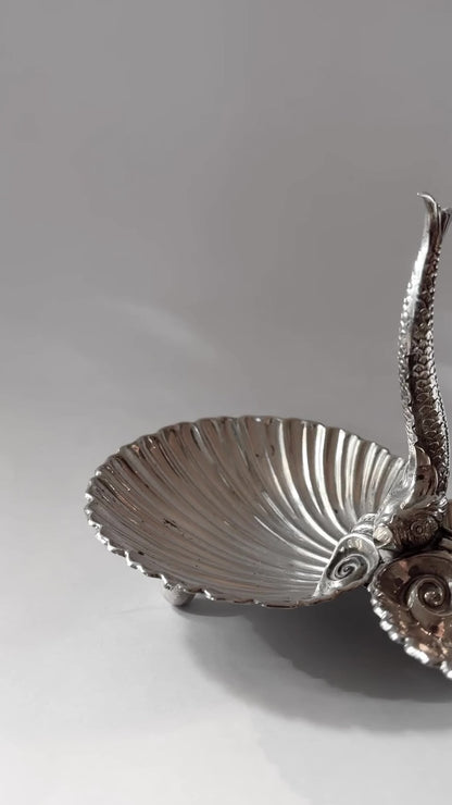 Vintage Double Scallop Shell Dish with Fish Handle