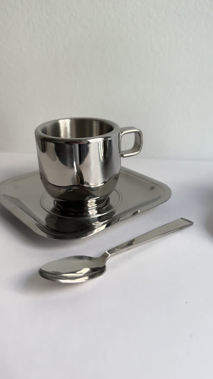 Vintage Stainless Steel 18/10 Thermal Espresso Cups with Saucers & Spoons – Set of 2, 4