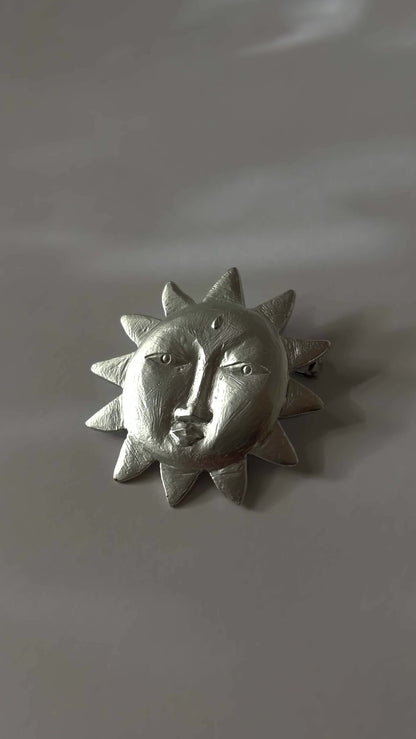 Vintage Silver Tone Sun Face Brooch