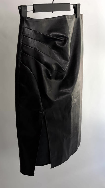 90s Black Faux Leather Midi Skirt