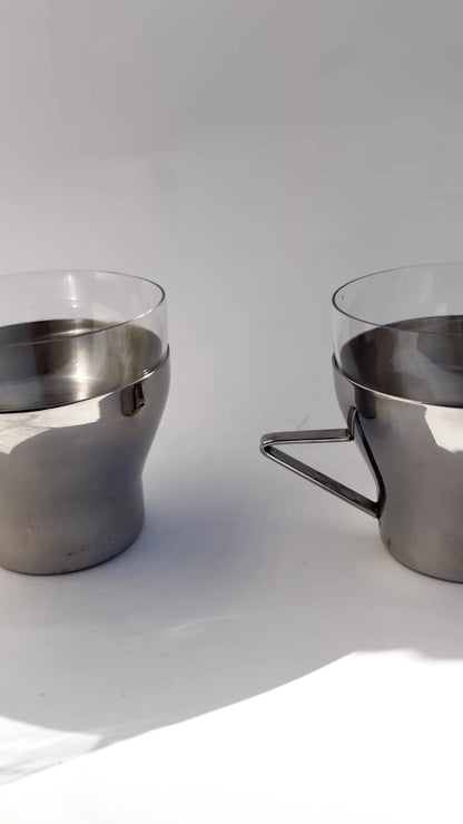 Vintage 1970s Spanish Stainless Steel & Glass Coffee Cups – Set of 2, 4, 6