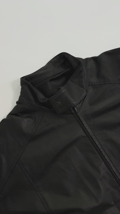 90s Black Leather Jacket – Minimalist Boxy Fit Moto Style